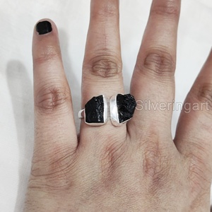 เครื่องประดับหินหยาบแหวนสตรีอัญมณีทัวร์มาลีนธรรมชาติสีดำหินประจำเดือน925แหวนเงินสเตอร์ลิง - Product Image 3