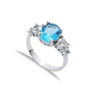 Anillo redondo de piedra aguamarina ovalada CZ, venta al por mayor, joyería de plata de ley 925 hecha a mano turca para dama - Product Image 1