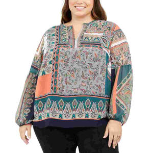 Tunica da Donna Tommy Hilfiger Stile Bohémien Verde Stampata a Maniche Lunghe con Scollo a V Taglia 1X Rossa - Product Image 1