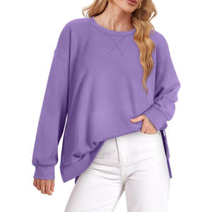 Venta al por mayor de las mujeres de gran tamaño ligero sudadera con abertura lateral cremallera suave cuello redondo pulóver camisetas de manga larga - Product Image 5
