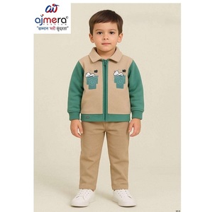 Conjunto Deportivo Informal para Niños Ajmera, Chaqueta y Pantalones Jogger, Color Beige y Verde, Estampado de Dibujos Animados, Felpa Francesa, Atuendo Invernal Elegante para Niños - Product Image 1