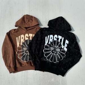 Hombres 100% algodón 500gsm huye con piedra del Rin con estampado de pantalla Zip Up Sudadera con capucha y pantalón plano Traje de sudor al por mayor - Product Image 3