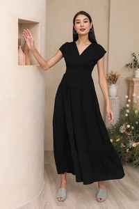 100% rayonne été col en v Maxi robe pour femmes dames cheville longueur à plusieurs niveaux ample décontracté à manches courtes solide uni teint robe noire - Product Image 5