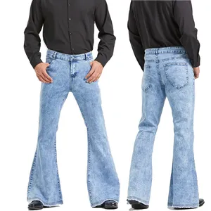 Светло-синие обычные хлопковые уличные джинсовые брюки для мужчин повседневные Прямые джинсы узкие расклешенные мужские джинсовые брюки оптом