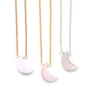 Natural Pink Opal Crescent Shape Gold Plated 925 Sterling Silver Wire Wrapped Pendant Necklace For Women