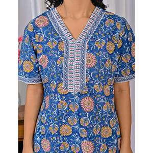 Vestido de Dormir 100% Algodón con Estampado Jaal Hecho a Mano, Camisón Suave Tejido con Diseño Floral y Cierre de Botones, Talla 3XL para Damas de Honor - Product Image 4