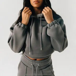 Custom Logo Casual Jogging Trainingspak Oversized Cropped Hoodie En Wijde Pijpen Flare Joggingbroek 2 Delige Set Loungekleding