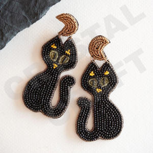 Halloween Black <b>Cat</b> Beaded <b>Earrings</b> for Women Patriotic Memorial Day Orange White Blue Colour Fabric Material - Product Image 1