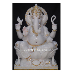 Estatua de Ganesha de mármol blanco indio de diseño creativo con manos de bendición sentadas sobre un loto para decoración festiva y uso en el culto. - Product Image 1