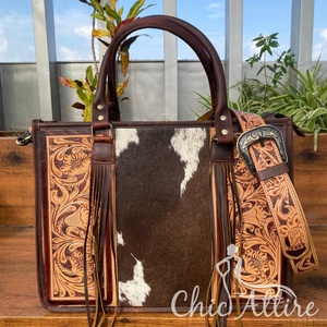 กระเป๋าโท้ทหนังถือแบบตะวันตกสำหรับผู้หญิงกระเป๋าคาดลำตัวสะพายไหล่หนังวัวสำหรับผมกระเป๋าถือหนังแท้ลายดอกไม้ตามสั่ง - Product Image 1