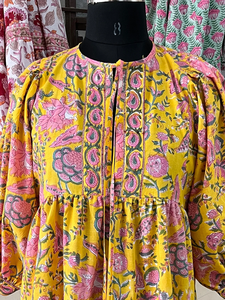 Mini vestido Bloque de mano Impreso Patrón floral 100% Algodón Cuello profundo con cierre de cuerda Estilo casual bordado con borlas - Product Image 2