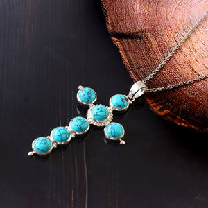 Collar con colgante de cruz de plata de ley 925 con piedra turquesa, colgantes chapados en rodio fino, producto a granel - Product Image 5