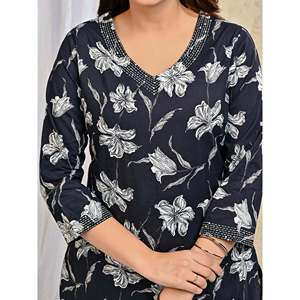 Hand Drawn Black <b>Block</b> <b>Printed</b> Cotton Anarkali Kurta Pant Set with Mulmul Dupatta Indian Ethnic and Party Wear with Net Fabric - Product Image 2