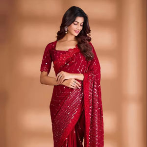 ผ้าส่าหรีแบบดั้งเดิมผ้าไหมผ้าแพรแข็งแบบปักเลื่อมงานส่าหรีสำหรับงานเลี้ยงงานแต่งงานงานปาร์ตี้ของผู้ใหญ่ - Product Image 1