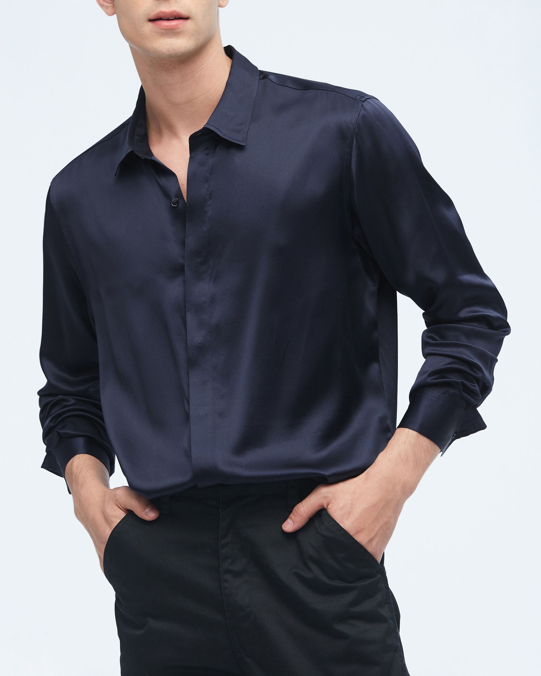 Men's Shiny Navy Blue Premium Satin Dress Shirts Luxury Floral