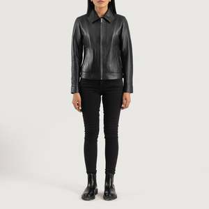 Vixen Black Classic Collar <b>Sheepskin</b> Moto Biker <b>Jacket</b> with Quilted Lining for Autumn Season - Product Image 3
