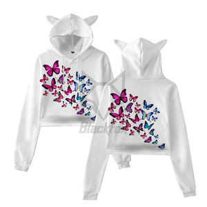 Women's Cropped Hoodie With <b>Cat</b> Ears Butterfly Print Yellow Casual Spring Sweatshirt - Product Image 2