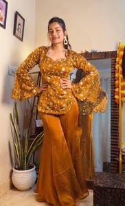 TOP PLAZZO FANDY SOIE SEQUINED BRODERIE COSTUME DE TRAVAIL-Taille Naturelle Silhouette Droite Automne Maxi Style Doux Design Vintage - Product Image 2