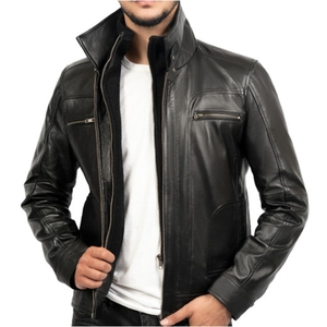 Servicio OEM de alta calidad personalizado moda hombres cuello marrón Color sólido chaquetas de cuero genuino para hombres - Product Image 1