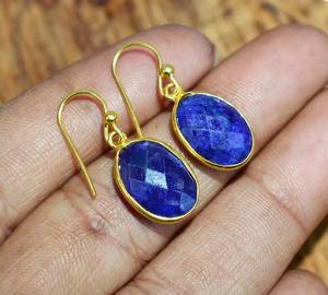 Boucles d'oreilles à crochet en saphir bleu, argent sterling 925, plaqué or 14 carats, pierres précieuses facettées, bijoux faits à la main, cadeau d'anniversaire pour femme - Product Image 4