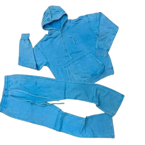 Blue Acid Washed Hoodie Tracksuit <b>Men</b> Vintage Fleece Pullover Sweatshirt <b>Flare</b> Jogger Pants Set Streetwear Winter Casual Outfit - Product Image 5