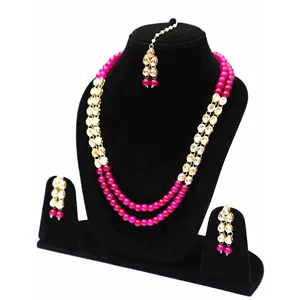 Conjunto de Collar Largo Aqua Kundan, Chapado en Oro Fino, Joyería en Oro Rosa, Diamante Corte Esmeralda con Perla de Agua Dulce para Bodas y Fiestas - Product Image 2