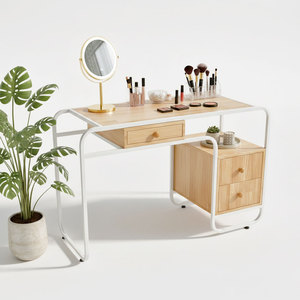 Natural Wood Makeup Vanity <b>Table</b> with Iron Frame & Lighted <b>Mirror</b> BTD68063 - Product Image 2