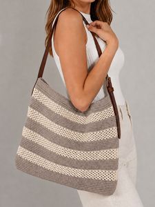 Women Knit Shoulder <b>Bag</b> with <b>Leather</b> Strap Casual Elegant Knitted Tote <b>Bag</b> Fashion Crochet Handbag - Product Image 4