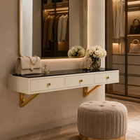 Nouvelle Arrivée Coiffeuse Minimaliste pour Chambre à Coucher avec Miroir Rond Flottant, Rangement Dissimulé et Design Élégant Crème