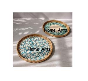 Plateau de chocolat de forme ronde fait à la main en rotin et vadrouille plateau de service alimentaire par Home Arts - Product Image 5