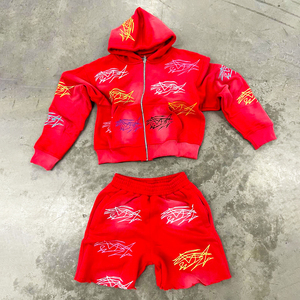 Custom Tracksuit Manufacturer 100% Cotton French Terry Zip up Hoodies and <b>Shorts</b> Custom Vintage Wash Men's Hoodies Set - Product Image 6