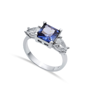 Square Cut Tanzanite Pear Cut <b>CZ</b> Stone Wholesale Turkish Handmade Cluster <b>Ring</b> 925 Sterling Silver Jewelry - Product Image 1