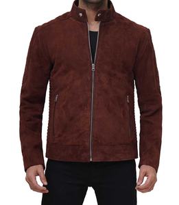 Blouson matelassé en cuir véritable marron rouge pour homme, col montant de haute qualité, broderie de lettres, logo frontal, hiver - Product Image 4