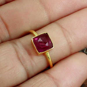 Bague ajustable romantique en argent sterling 925 avec pierre précieuse tourmaline rose naturelle taille carrée 7x7mm plaquée rhodium style hip-hop raffiné - Product Image 1