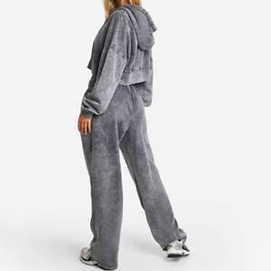 ชุดเซ็ตเสื้อฮู้ดครอปและกางเกงขายาวผ้าฝ้ายเฟรนช์เทอร์รี่เนื้อหนา ล้างสีแบบแอซิดวอช สำหรับผู้หญิง - Product Image 2