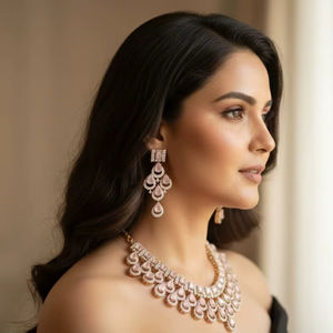 Rose Luxe Teardrop Necklace & Earrings Set designed with soft <b>blush</b>-pink teardrop stones arranged in a layered fringe pattern - Product Image 1