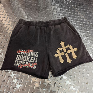 Vintage Wash Thick Cotton Streetwear Sweat <b>Shorts</b> Custom Logo <b>Men</b> Applique Embroidery <b>Patched</b> Raw Hem French Terry <b>Shorts</b> - Product Image 1