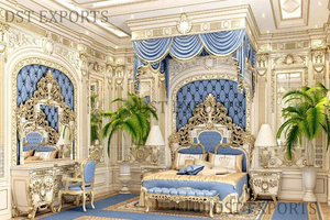Lit Queen Size Doré Style Français avec Table de Chevet, Meubles de Chambre de Luxe Personnalisés de Haute Qualité, Style Baroque Feuille d'Or, Vente USA - Product Image 4