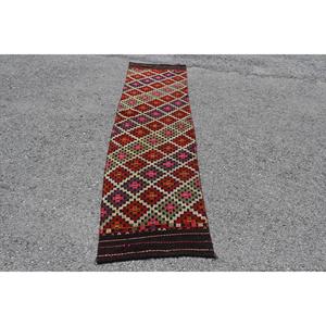 Vintage <b>Runner</b> Rug 2.1x8.6 ft (65x263 cm), Kilim <b>Red</b> Oriental Turkish Rug - Product Image 1