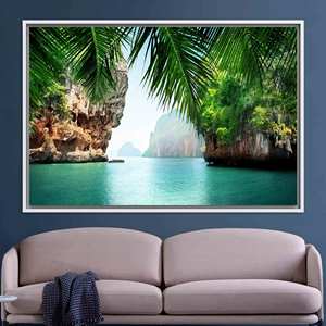 Impression sur verre trempé Tropical Thai Bay : Décoration sur toile vue sur la mer, toile encadrée blanche - Product Image 1