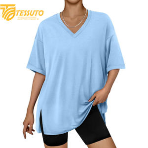 Camiseta básica de gran tamaño con logotipo estampado personalizado de peso pesado, camiseta de talla grande de alta calidad a la moda para mujer, Camiseta 100% de algodón con cuello en V - Product Image 1