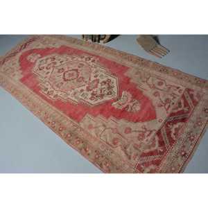 Vintage Large Rug 4.3x10.3 ft (130x314 cm), Turkish <b>Red</b> Abstract <b>Wool</b> Rug - Product Image 4