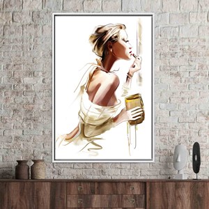 Tableau imprimé sur toile : Femme appliquant du rouge à lèvres - Décoration élégante et tendance, TOILE ENCADRÉE BLANCHE - Product Image 1