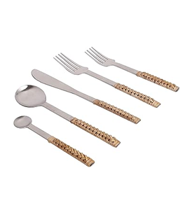 Cubiertos de acero inoxidable de primera calidad, juego de cubiertos con mango de ratán, juego de cubiertos de ratán de acero inoxidable sostenible de buena calidad - Product Image 1