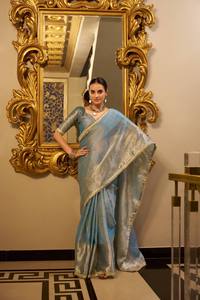 New Fashion Designer Sari In <b>Tissue</b> Shimmer With Zari Weaving Work Sequins Lace Border Saree And Blouse <b>Wedding</b> Party Collection - Product Image 2