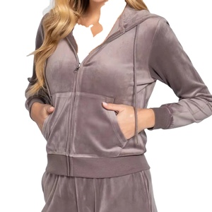 Ensemble de survêtement pour femme en velours respirant en polyester et coton, design unique, deux pièces, manches longues, sweat à capuche zippé et pantalon de survêtement - Product Image 5