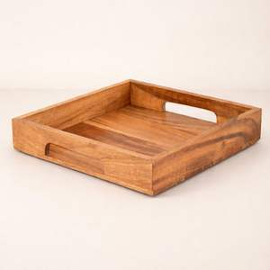 Plateau de rangement carré en bois artisanal avec bords surélevés, poignées découpées pour un transport facile, idéal pour la cuisine, la salle à manger, la table basse et la décoration intérieure - Product Image 1