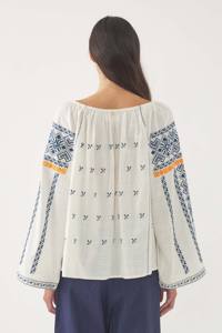 Boho Embroidered Cotton Peasant Top Women Blue Ethnic Long Sleeve - Product Image 4
