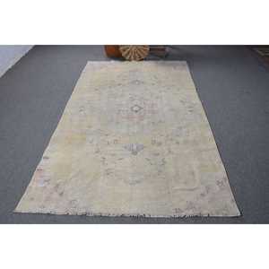 5x8.2 ft Vintage Large Rug, <b>Yellow</b> Pink Turkish Abstract <b>Wool</b> Rug - Product Image 3