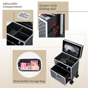 Valise de maquillage à roulettes avec tiroir et sac amovible, grande boîte de rangement pour cosmétiques, idéale pour les techniciennes en manucure et les coiffeuses - Product Image 3